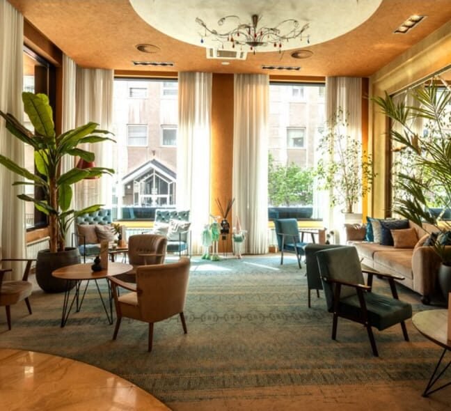 Elegant office entrance area with sofa and indoor plants.