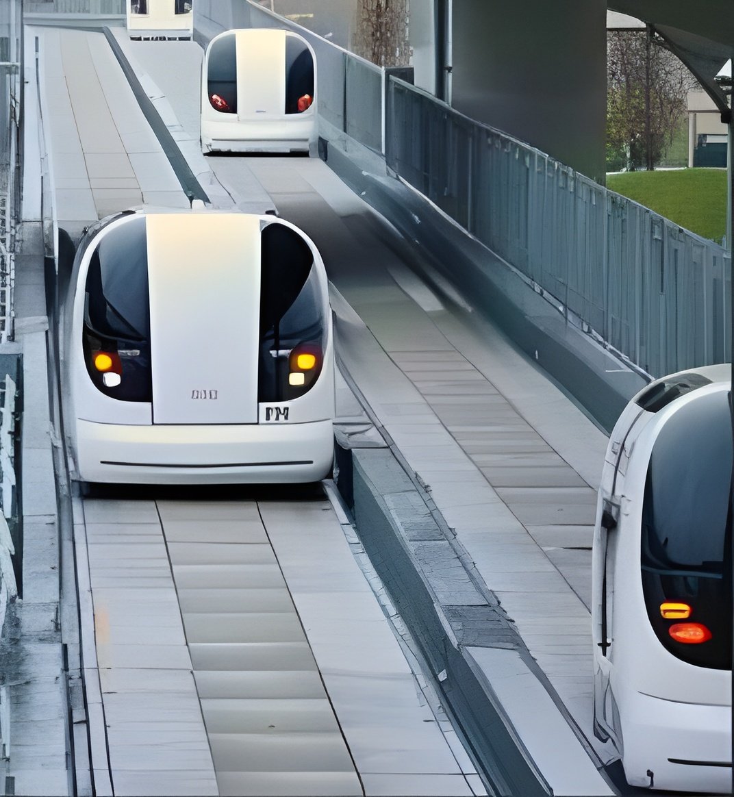 Modern pod train moving on elevated track.