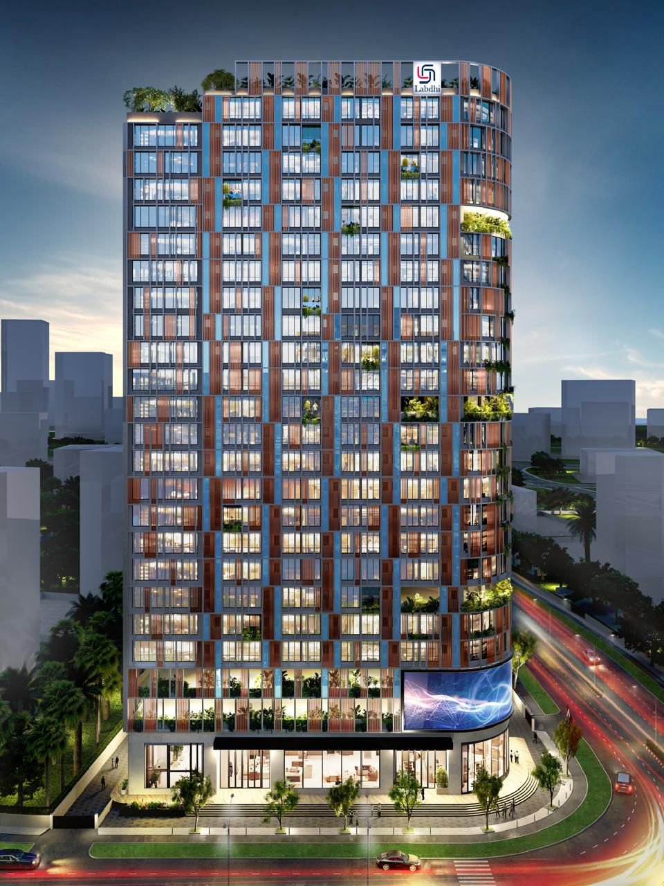 Front elevation of BKC EDGE – a tall Grade-A commercial tower in Bandra Kurla Complex with glass façade, modern architecture, and premium corporate design by Labdhi Lifestyle Limited